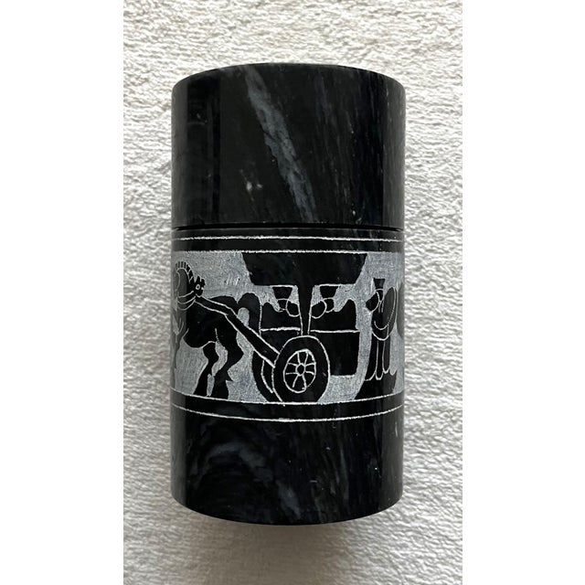 Black & White Marble Canister With Lid and Matching Dish/Ashtray, Etched Procession of Horses, Chariots, Robed Men For Sale - Image 4 of 11