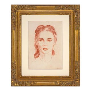 Vintage Conté Female Portrait Drawing by Robert Houston Whitmore 1941 For Sale