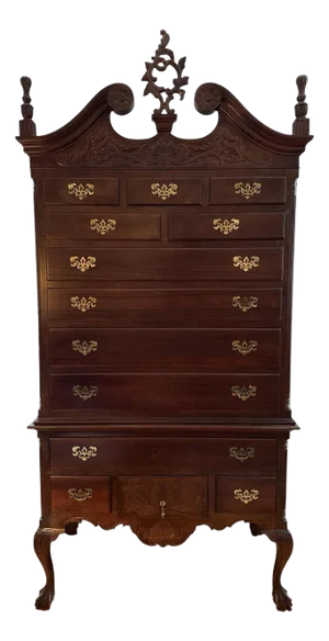 Late 20th Century National Mount Airy Chippendale Solid Cherry Highboy With Brass Hardware