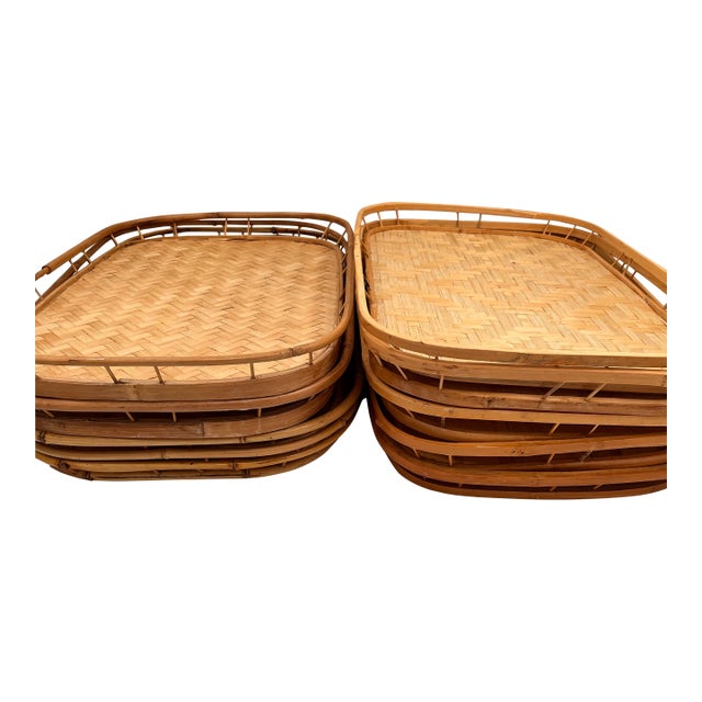 1970s Woven Bamboo and Rattan Gallery Trays - Set of 12 For Sale