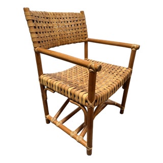 In the Style of McGuire Lattice Leather Strip Safari Chair For Sale