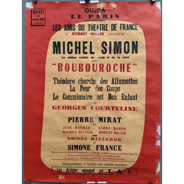Friends of the Theatre of France, Boubouroche, Michel Simon, Year 1960, Total dimensions 76 x 57.5 cm. Paper with damage,...