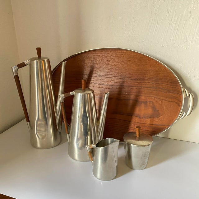 KMD Royal Holland Daalderop 1960s Royal Holland Kmd Tiel Daalderop Pewter and Teak Coffee/Tea Set - 8 Pieces For Sale - Image 4 of 12