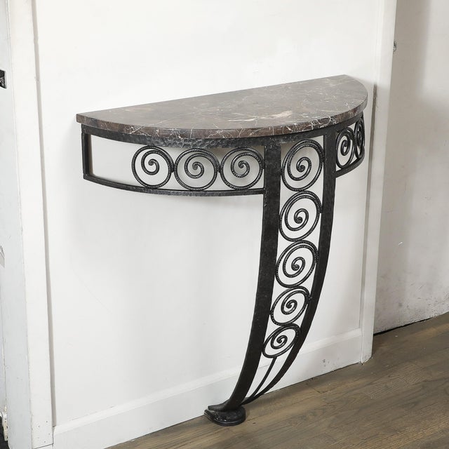 Art Deco Demilune Wrought-Iron Spiral & Noir St Laurent Marble Console Table For Sale - Image 10 of 17