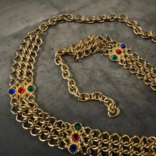 1980s High Quality Brass and Red, Blue and Green Crystals Italian Belt For Sale - Image 4 of 10