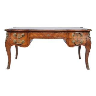 19th-Century French Louis XV Kingwood Bureau Plat With Leather Top and Bronze Mounts For Sale