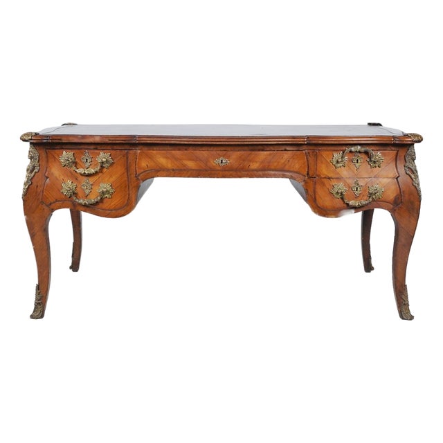 19th-Century French Louis XV Kingwood Bureau Plat With Leather Top and Bronze Mounts For Sale