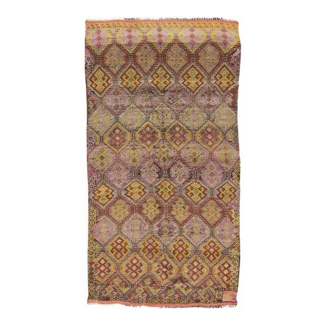 Embroidered Vintage Wool Kilim Rug For Sale