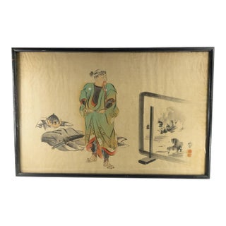 19th Century Japanese Watercolor Painting on Silk of a Samurai Warrior For Sale