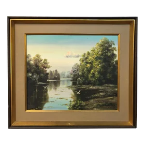Early 20th Century River Original Oil on Canvas Signed on the Bottom, Framed