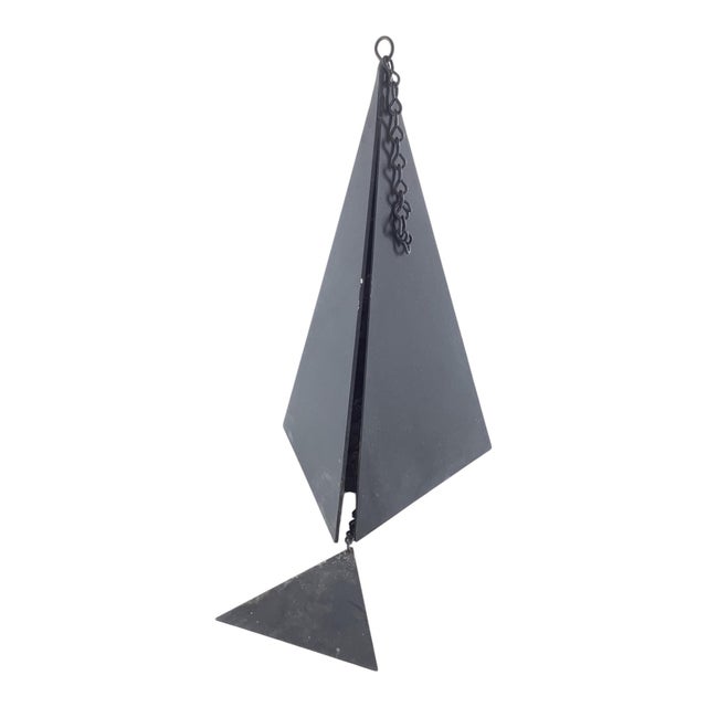 (4) Brutalist Iron Hanging Abstract Wind Chimes Assorted brutalist iron hanging triangle abstract wind chimes with use and...