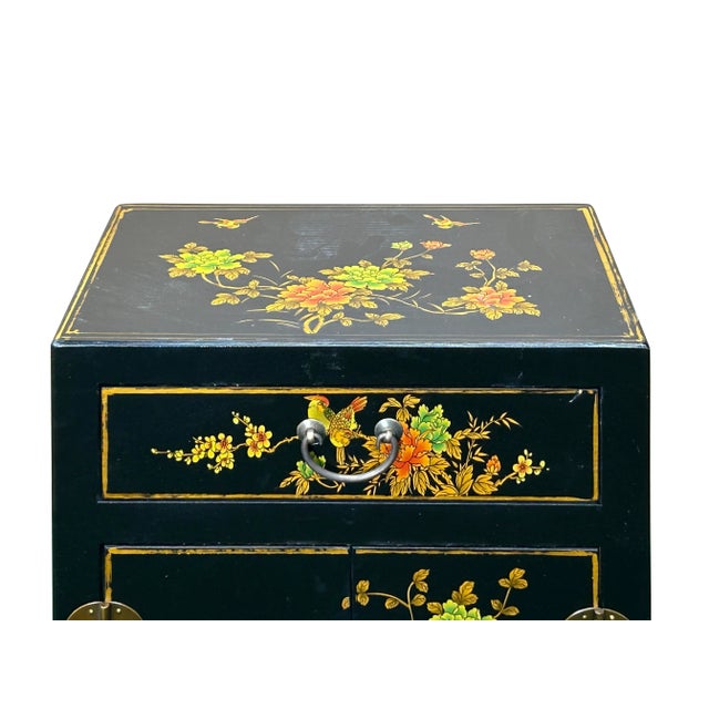 1990s Chinese Black Vinyl Moon Face Flower Birds End Table Nightstand For Sale - Image 5 of 10