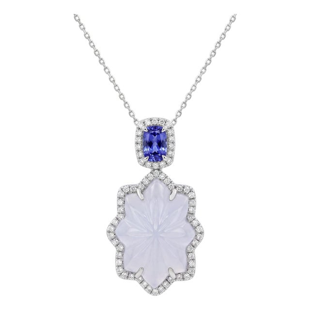 Chalcedony, Diamond and Tanzanite Platinum Pendant Necklace - Fei Liu For Sale