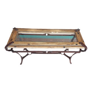 1970s Vintage Adnet Hermes Faux Leather Iron, Glass and Wood American Western Theme Table For Sale