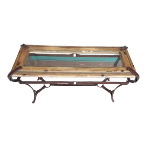 1970s Vintage Adnet Hermes Faux Leather Iron, Glass and Wood American Western Theme Table