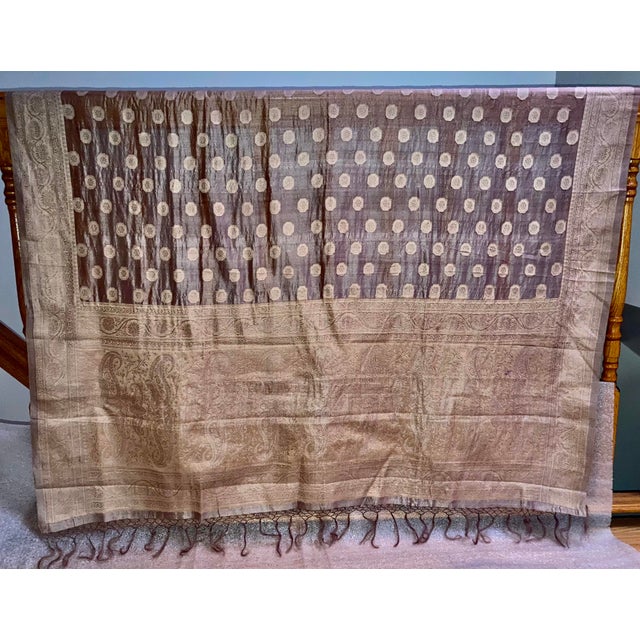 Transitional Gold Paisley Silk Jacquard Decorative Organza Throw Shawl For Sale - Image 3 of 6