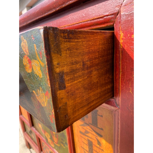 Wood Vintage Chinoiserie Polychrome Paint Decorated Sideboard, Circa 1950s For Sale - Image 7 of 13