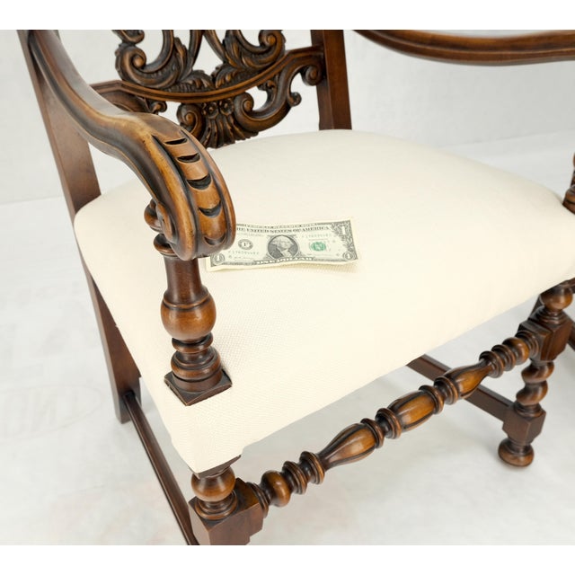 Early 20th Century Pair of Carved Walnut Tall Backs New Upholstery Fireside Arm Side Chairs MINT! For Sale - Image 5 of 13