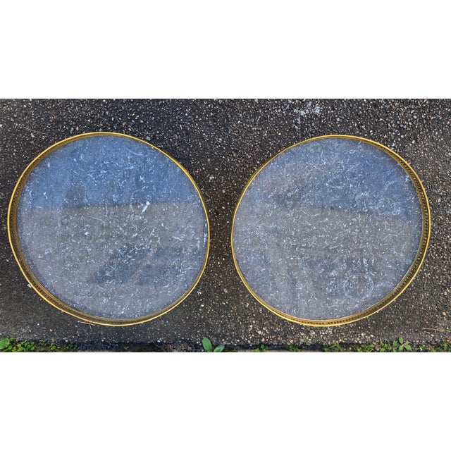 Brass Vintage French Louis XVI–Style Marble-Top Side Tables With Pierced Brass Galleries — A Pair For Sale - Image 8 of 18