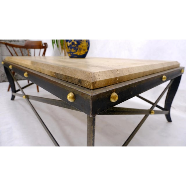 Steel Metal Forged X Base Travertine Top Rectangle Coffee Table w/ Brass Studs For Sale - Image 12 of 13