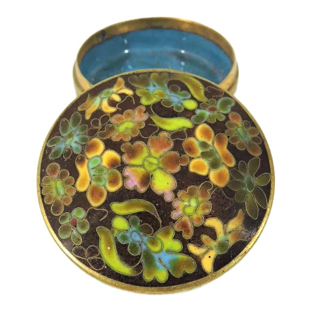 Vintage Chinese Autumn Flowers Enamel & Brass Cloisonné Pill or Trinket Box For Sale