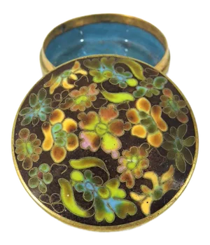 Vintage Chinese Autumn Flowers Enamel & Brass Cloisonné Pill or Trinket Box