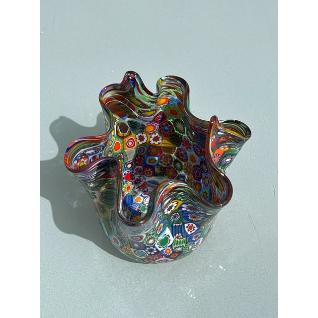 Murano Vintage Italian Murano Style Venetian Blown Art Glass Millefiori Handkerchief Vase For Sale - Image 4 of 4