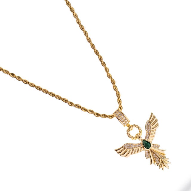Metal Emerald Phoenix Gold Necklace For Sale - Image 7 of 10