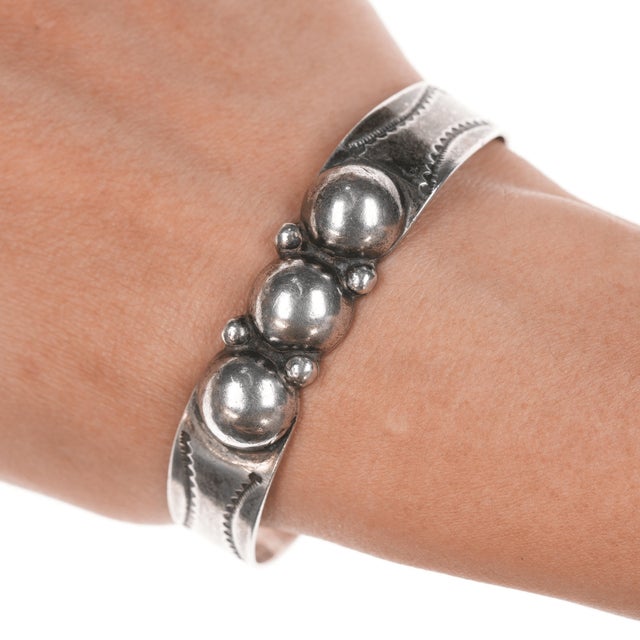 6 3/8" c1940's Navajo silver stamped cuff bracelet. Marked or unmarked as shown in pics, weight and other measurements in...