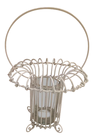 1980s Vintage Shabby Chic White Wire Spring/Summer Flower Basket Surrounding a Clear Glass Vase