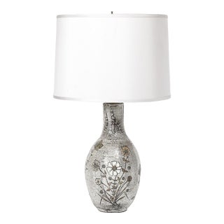 Mid-Century Gray Glazed Ceramic Table Lamp With Floral Motifs by Paul Quéré For Sale