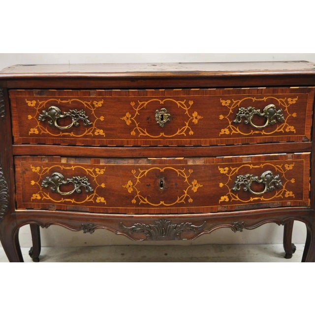Antique French Louis XV Style Marquetry Inlay Walnut Bombe Commode Chest Dresser. Item features marquetry inlay throughout...