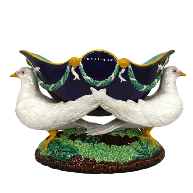 Late 19th Century A George Jones Majolica Cobalt Centerpiece Bowl With Doves, English, Ca. 1870 For Sale - Image 5 of 12