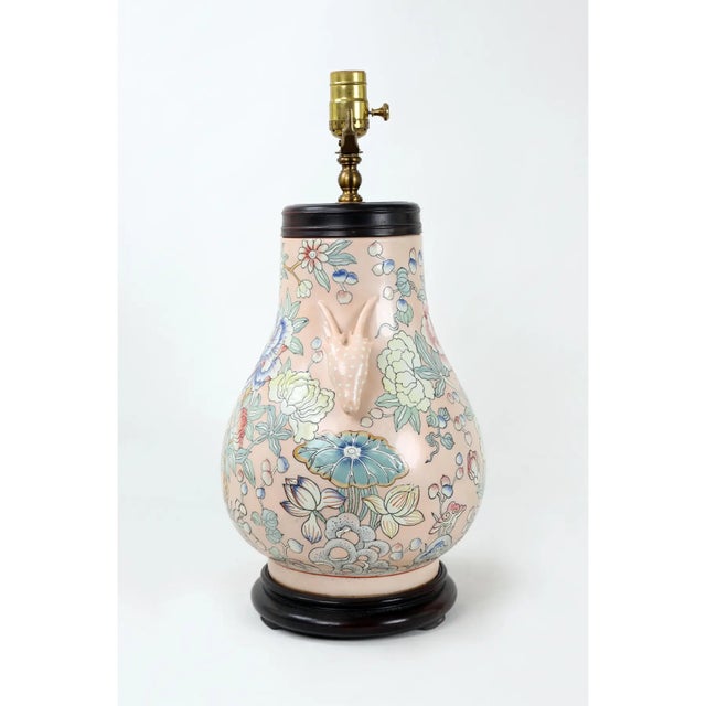 Famille Rose Vase Lamp With Animal Head Handles and Flowers For Sale In New York - Image 6 of 9