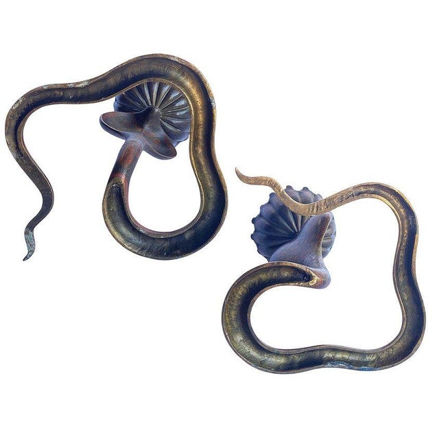 20th Century Hand Etched Persian Cobra Brass and Bronze Candle Holders, Pair For Sale - Image 11 of 12