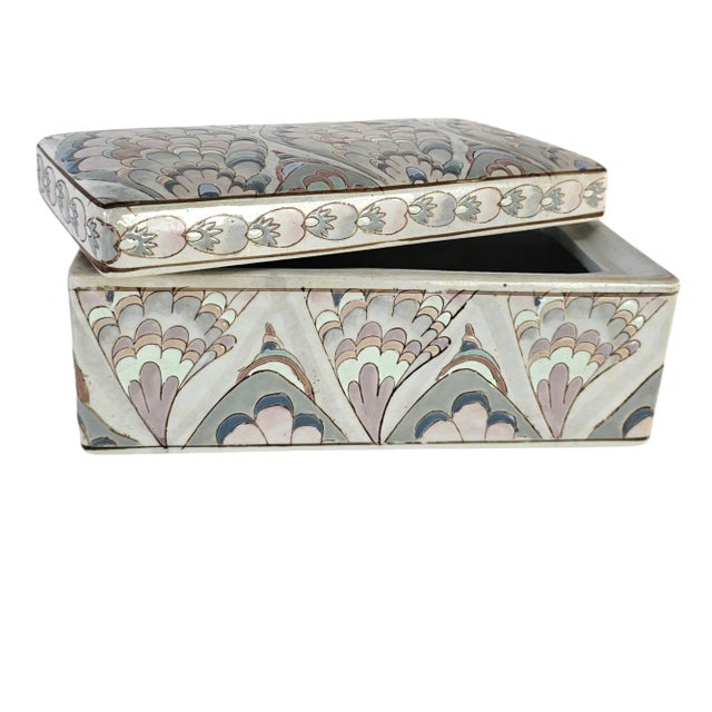 Chinese Peacock Porcelain Box Large Raised Motif 3-D 8.5" For Sale - Image 4 of 12