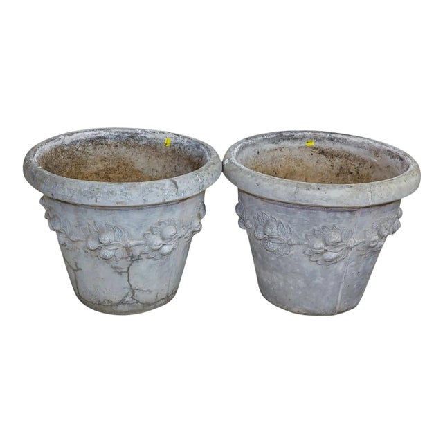 Pair of XLarge Round Cast Stone Planters With Berry Motif For Sale