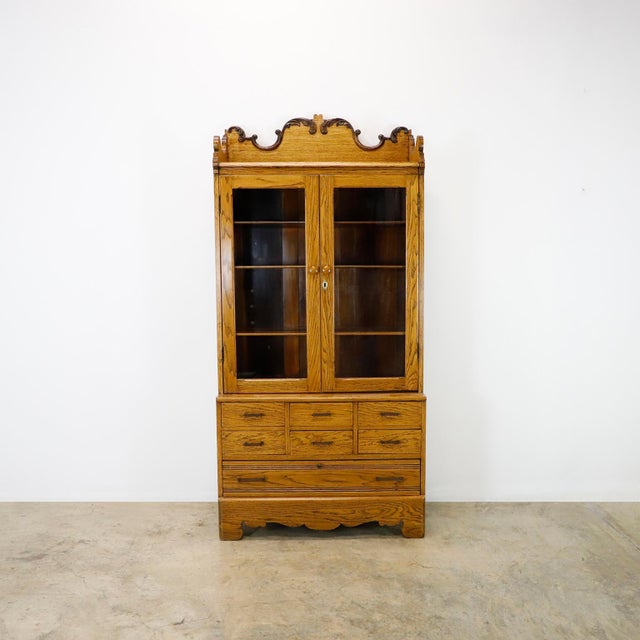 Brown 1940s Industrial Solid Oak Library Bookcase with Drawers For Sale - Image 8 of 18