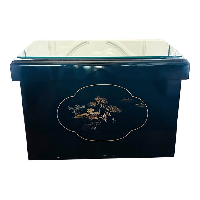 Black Lacquer Hand Painted Chinoiserie Large Chest Trunk For Sale