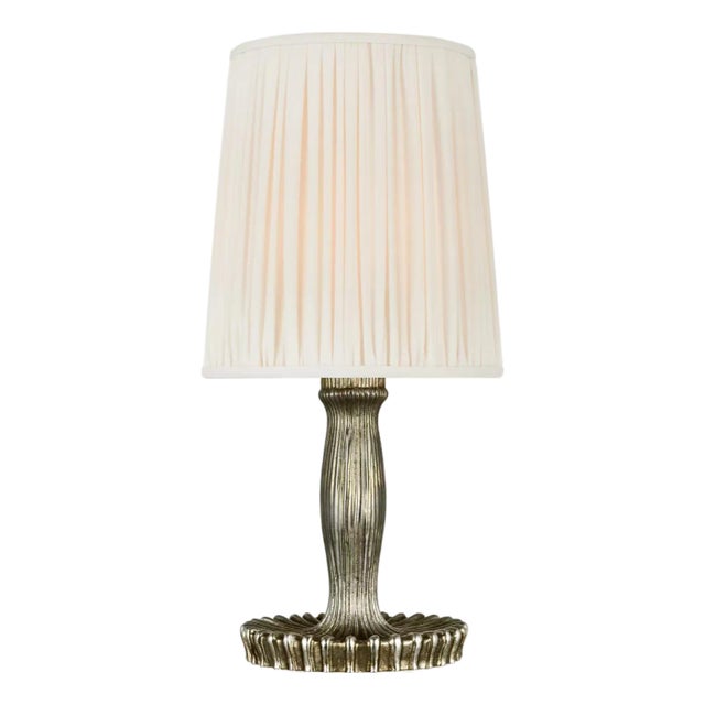 AERIN by Visual Comfort Signature Ovid 14" Cordless Accent Lamp in Silver Lustre with Silk Pleated Shade For Sale