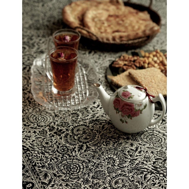 Boho Chic Hand Block-Printed Cotton Tablecloth, Monochrome Floral, 81 X 54 In For Sale - Image 3 of 4