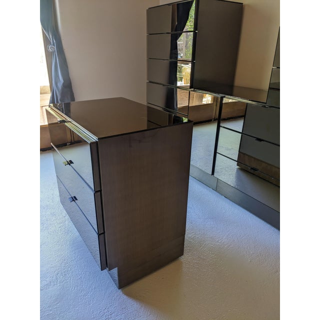 1980s 1980s Ello Gunmetal Stainless & Smoked Mirror Three Drawer Night Stand or Cabinet, Attributed For Sale - Image 5 of 7
