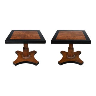 Late 20th Century Baker Furniture Campaign Style Black & Natural Pedestal End Tables a Pair For Sale