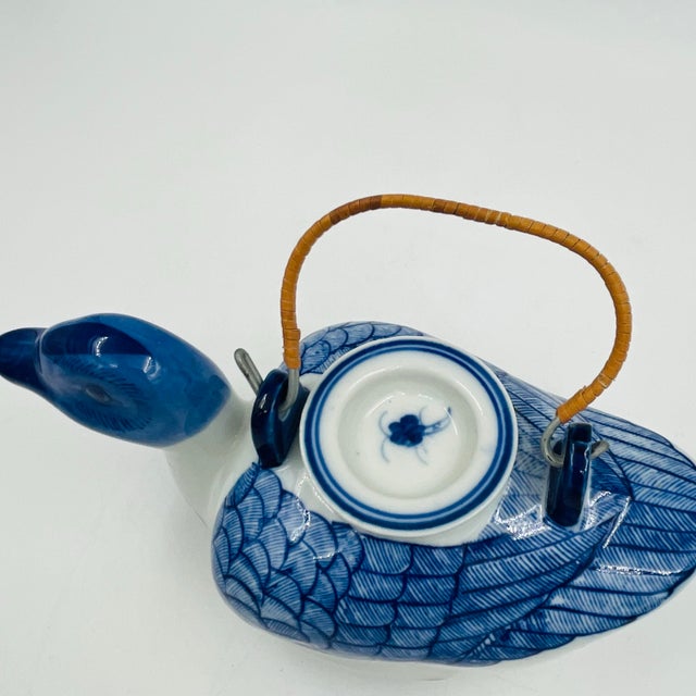 Wood Vintage Blue and White Chinoiserie Ceramic Duck Teapot With Rattan Wrapped Handle For Sale - Image 7 of 10