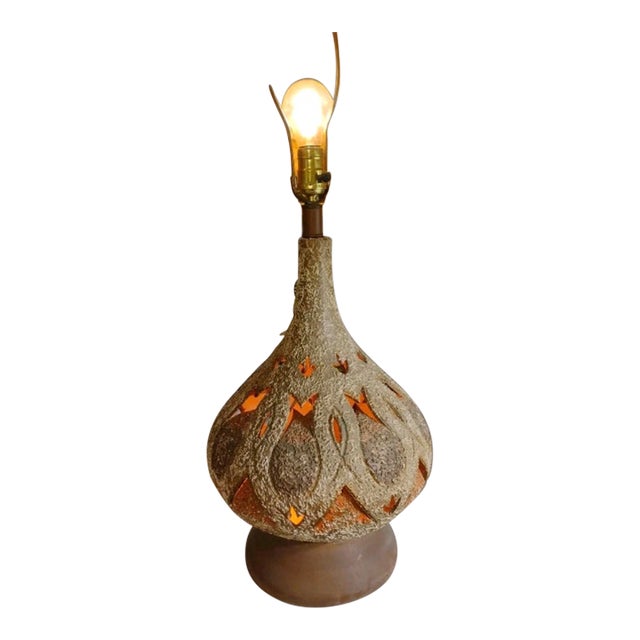 1960s Brutalist Pottery Lamps With Lighted Cut Outs No Shade For Sale