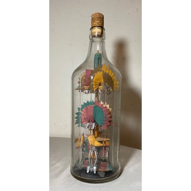 Folk Art Antique Handmade Whimsical Folk Art Mixed Media Wood Glass Sculpture in Bottle For Sale - Image 3 of 18