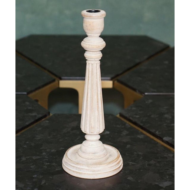 Charming pair of carved and turned oak candlesticks, finished in a wonderfully decorative limed oak. Each has a classical...