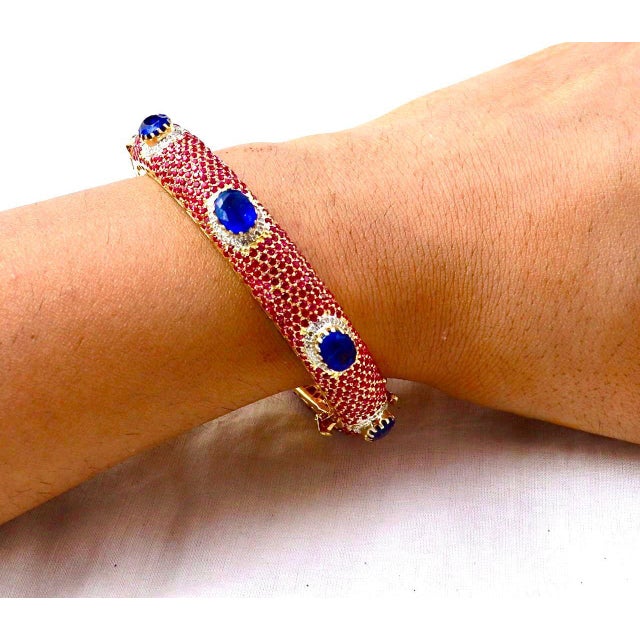 Classical Roman Bochic "Capri" Natural Ruby, Sapphire & Diamond Bangle Set In 18K Gold & Silver For Sale - Image 3 of 18