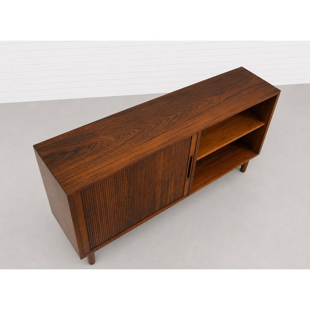 Danish Rosewood Mid Century Modern Credenza | Tambour Door Media Cabinet | Scandinavian Storage Console, C. 1960’s For Sale - Image 9 of 16