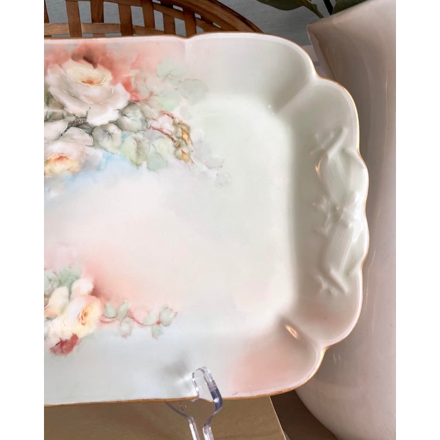 Ceramic Antique French Hand-Painted Porcelain Rose Tray • Haviland & Co • Scalloped Vanity or Serving Tray For Sale - Image 7 of 14